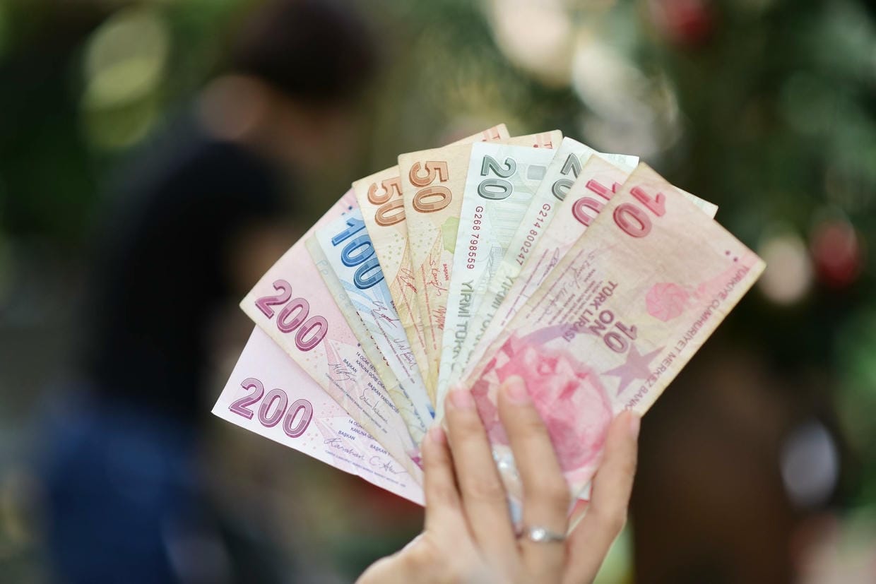 Eine Hand, die verschiedene türkische Lira-Banknoten hält, vor einem verschwommenen Hintergrund im Freien.